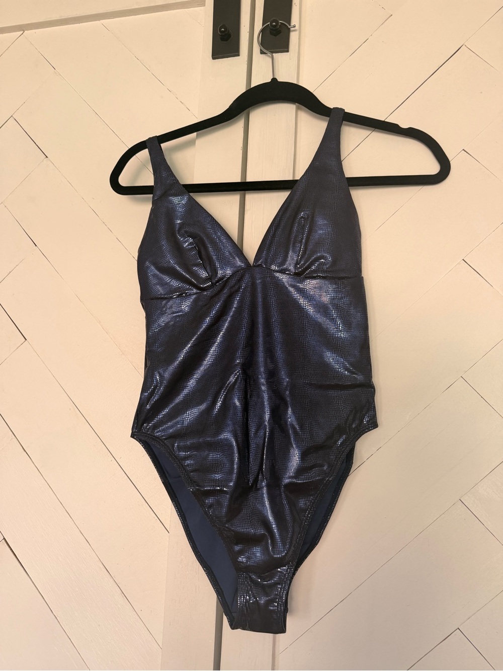 Dolcessa New Shimmery Beaded Snake Midnight Blue One-Piece Swimsuit with V-Neck